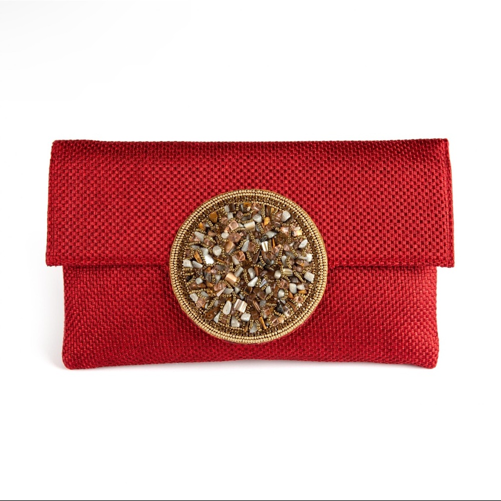 NEW Medallion Red Gold cross body purse designer jute silk stone